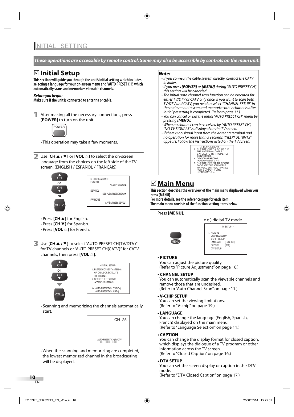 Nitial setting, Initial setup, Main menu | FUNAI CR202TT9 User Manual | Page 10 / 80