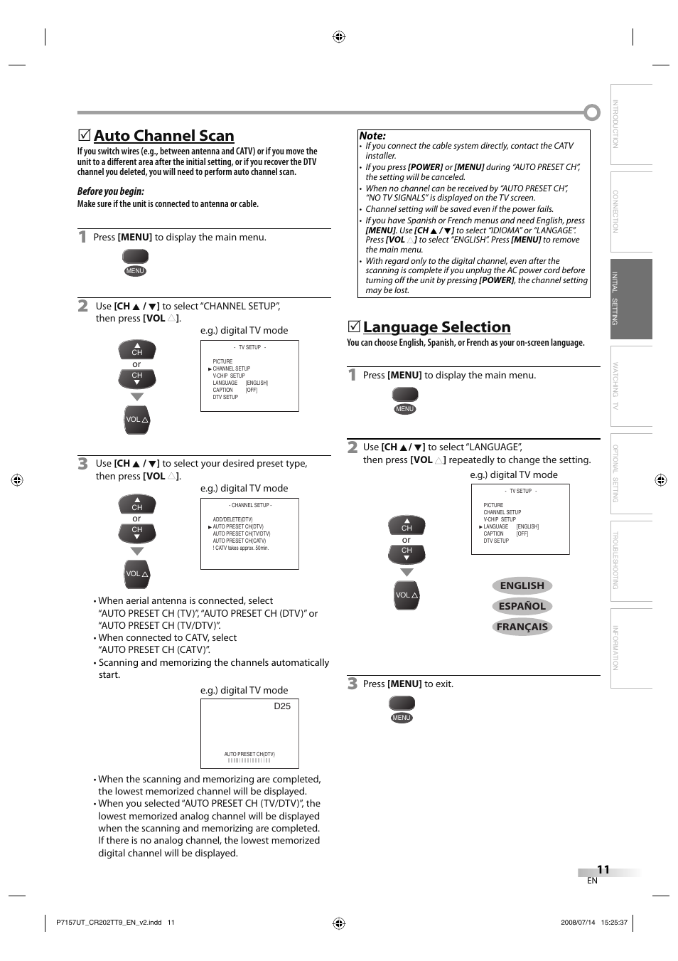 Auto channel scan, Language selection | FUNAI CR202TT9 User Manual | Page 11 / 80