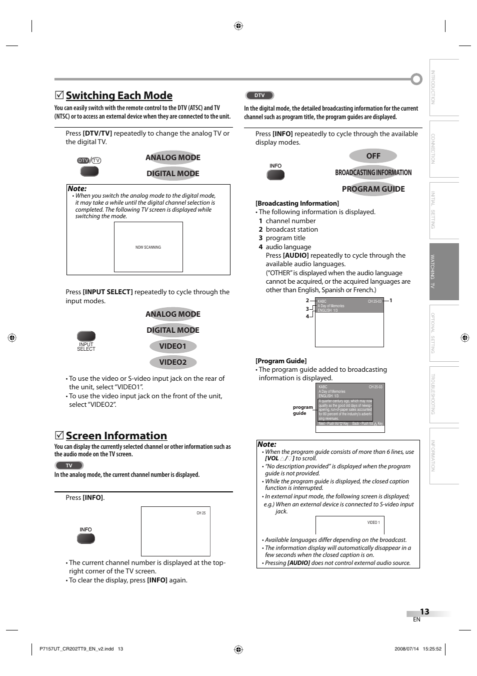 Switching each mode, Screen information | FUNAI CR202TT9 User Manual | Page 13 / 80