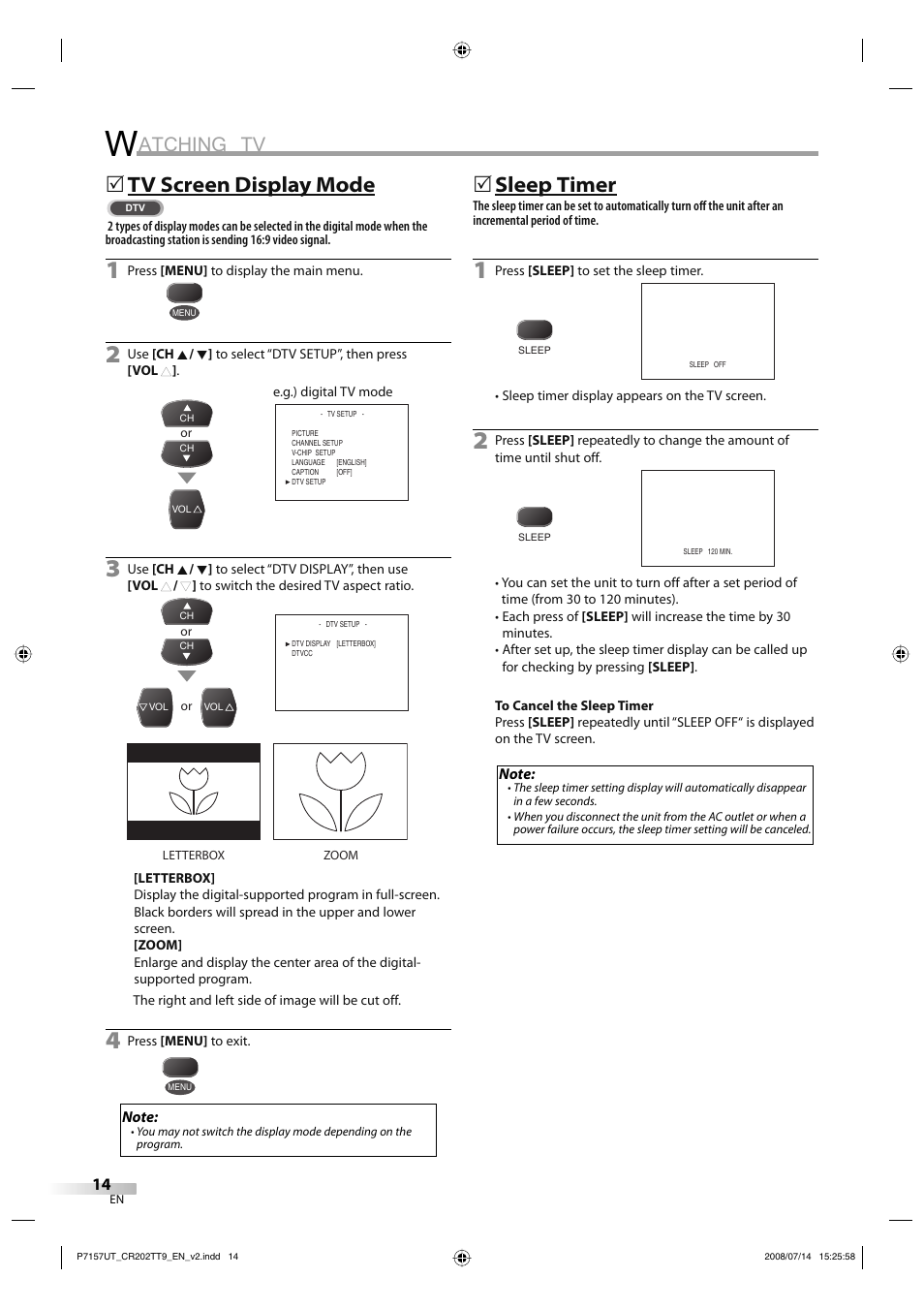 Atching tv, Tv screen display mode, 5sleep timer | FUNAI CR202TT9 User Manual | Page 14 / 80