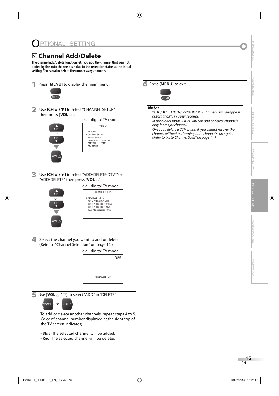 Ptional setting, Channel add/delete | FUNAI CR202TT9 User Manual | Page 15 / 80