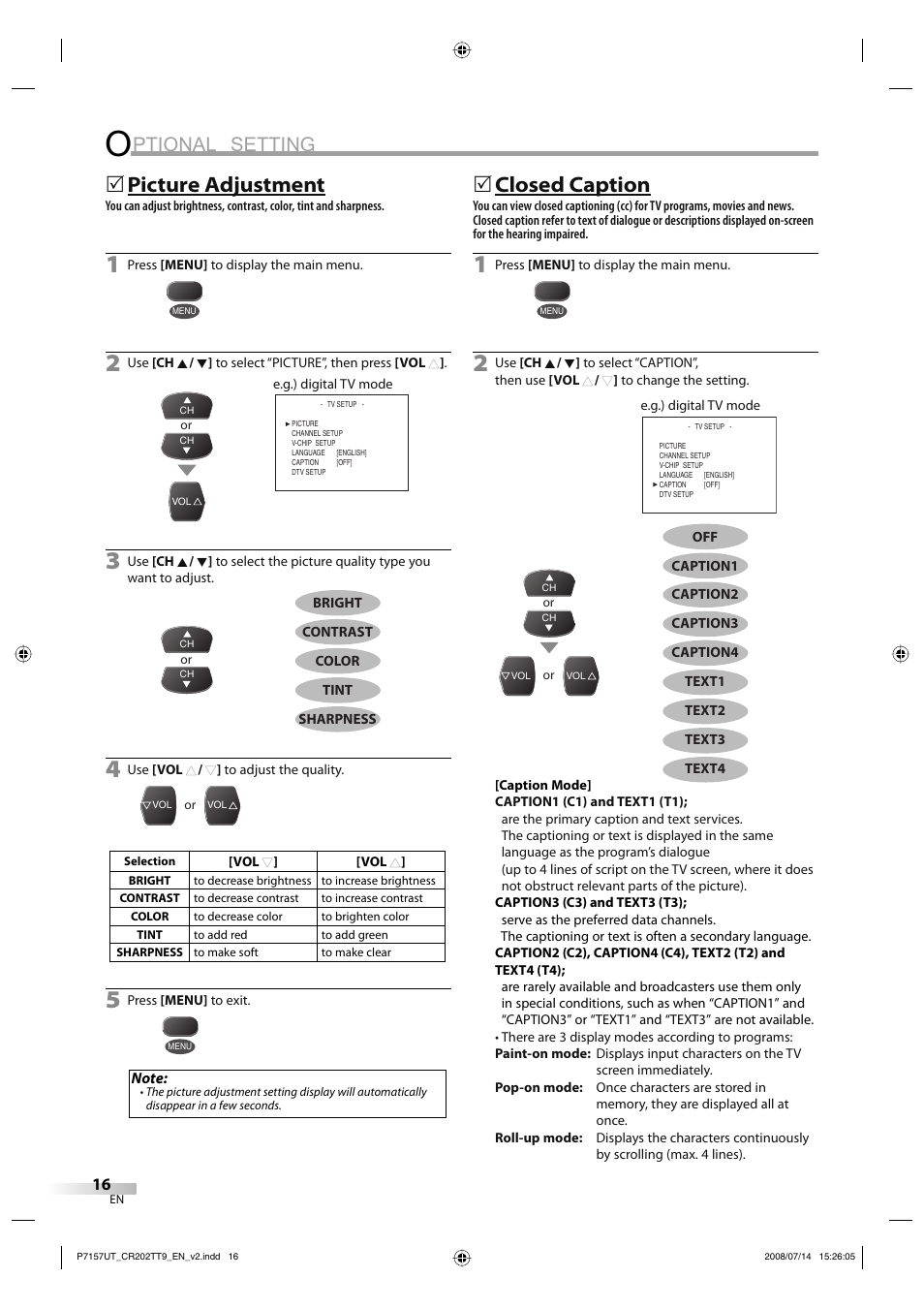 Ptional setting, Picture adjustment, 5closed caption | FUNAI CR202TT9 User Manual | Page 16 / 80