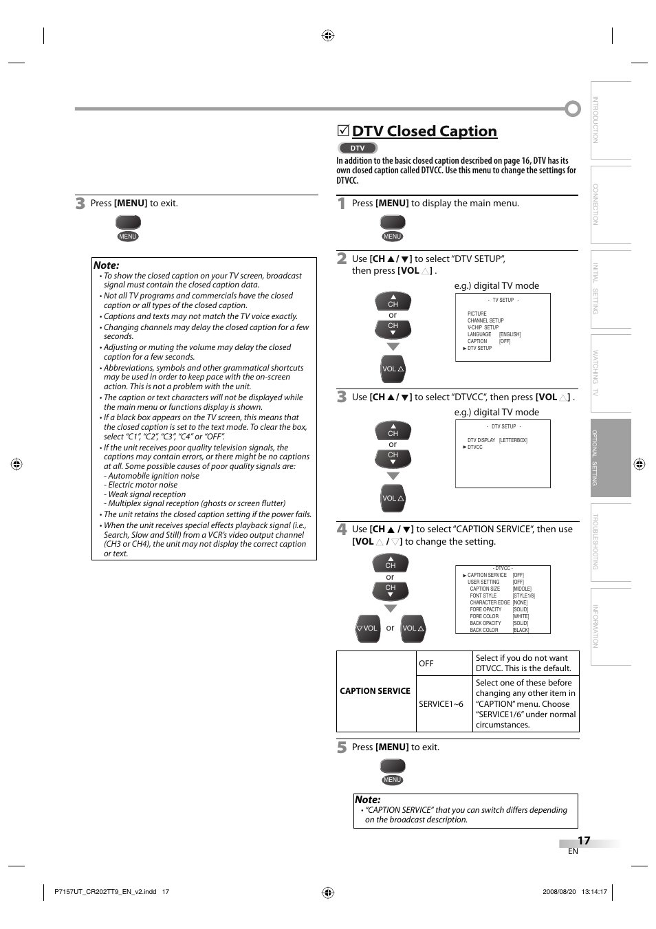 Dtv closed caption | FUNAI CR202TT9 User Manual | Page 17 / 80