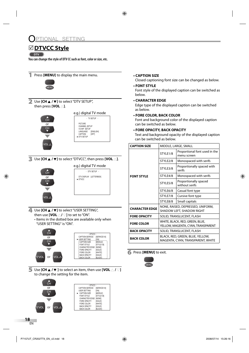 Ptional setting, Dtvcc style | FUNAI CR202TT9 User Manual | Page 18 / 80