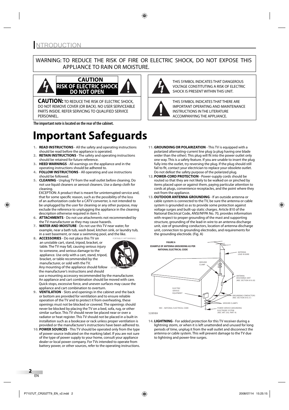 Important safeguards, Ntroduction, Caution | Caution risk of electric shock do not open | FUNAI CR202TT9 User Manual | Page 2 / 80