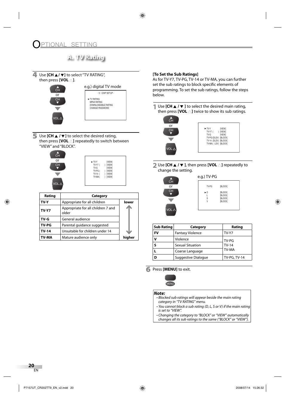 Ptional setting, A. tv rating | FUNAI CR202TT9 User Manual | Page 20 / 80