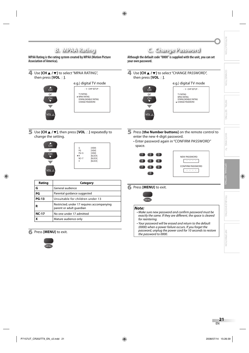 B. mpaa rating, C. change password | FUNAI CR202TT9 User Manual | Page 21 / 80