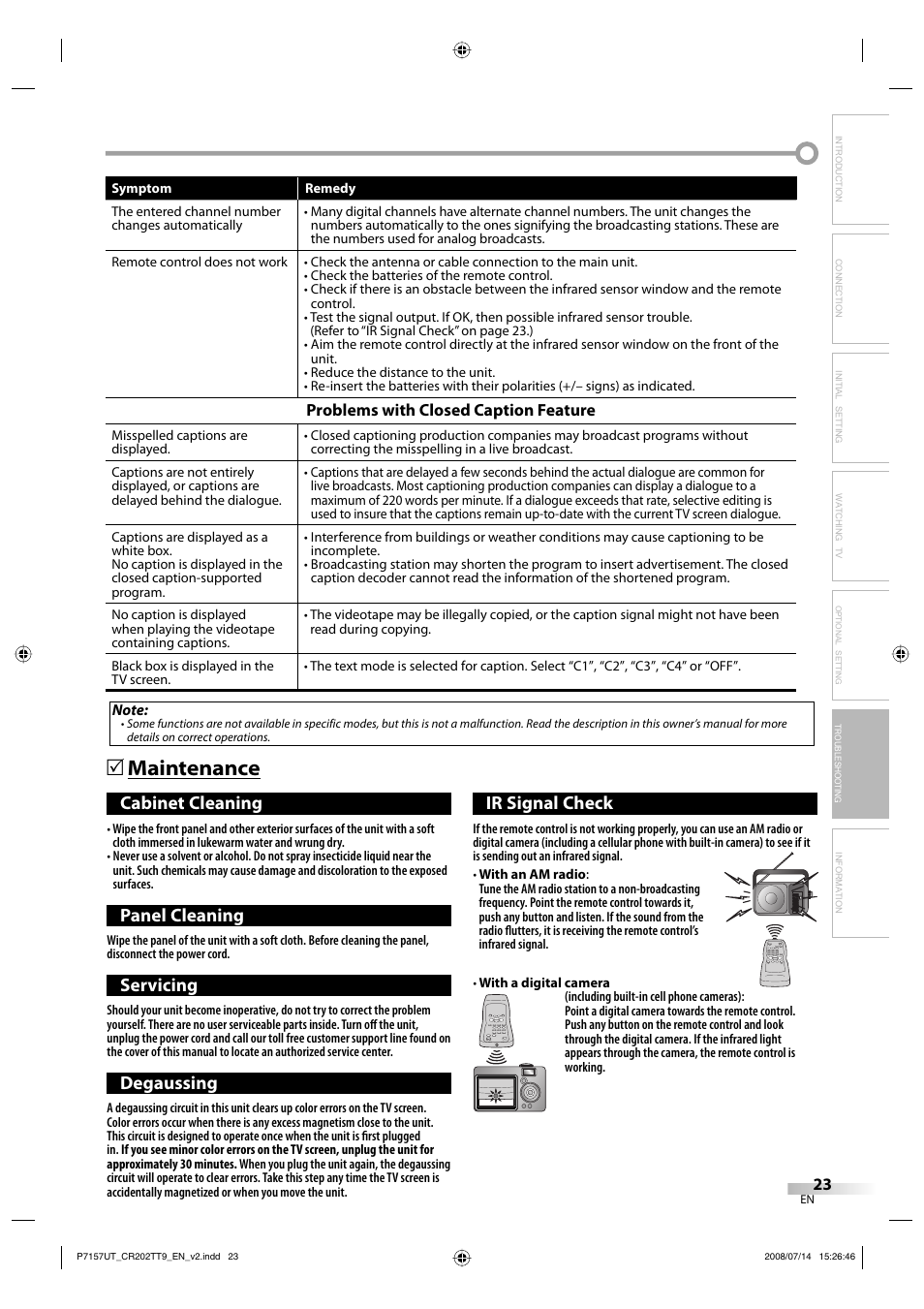Maintenance 5, Cabinet cleaning, Panel cleaning | Servicing, Degaussing, Ir signal check | FUNAI CR202TT9 User Manual | Page 23 / 80