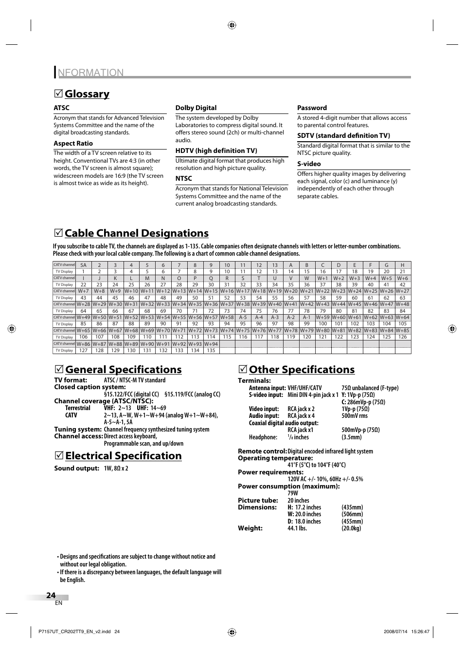 Nformation, Glossary 5, Electrical specification | 5other specifications | FUNAI CR202TT9 User Manual | Page 24 / 80