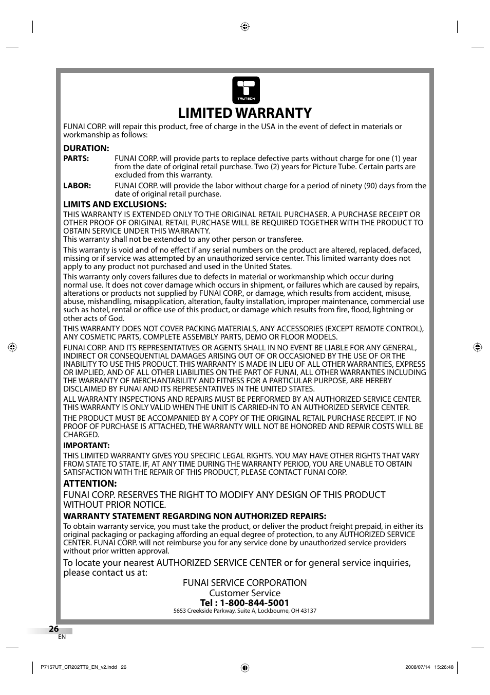 Limited warranty | FUNAI CR202TT9 User Manual | Page 26 / 80