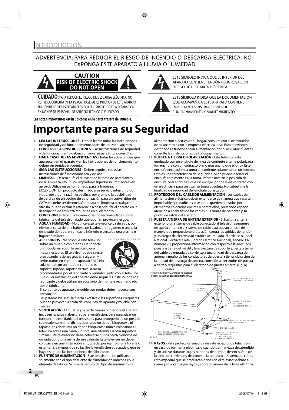 Importante para su seguridad, Ntroducción, Cuidado | Caution risk of electric shock do not open | FUNAI CR202TT9 User Manual | Page 28 / 80
