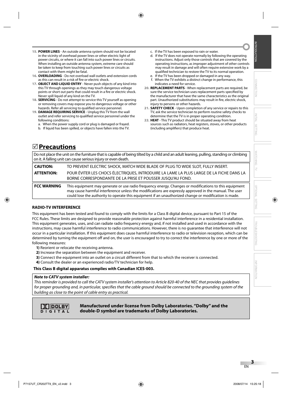 Precautions | FUNAI CR202TT9 User Manual | Page 3 / 80