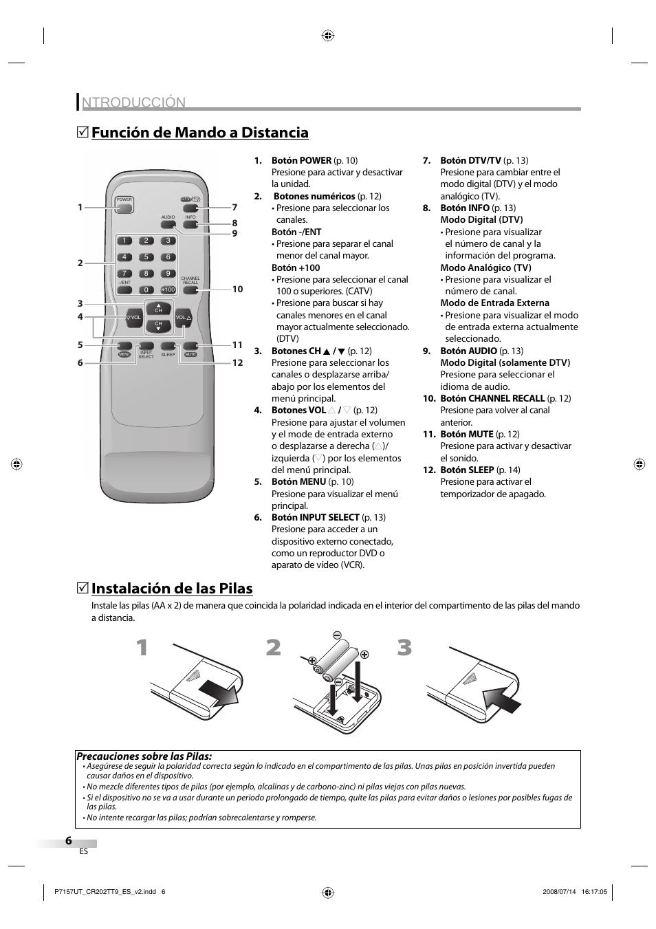 Ntroducción, Función de mando a distancia 5, Instalación de las pilas | FUNAI CR202TT9 User Manual | Page 32 / 80
