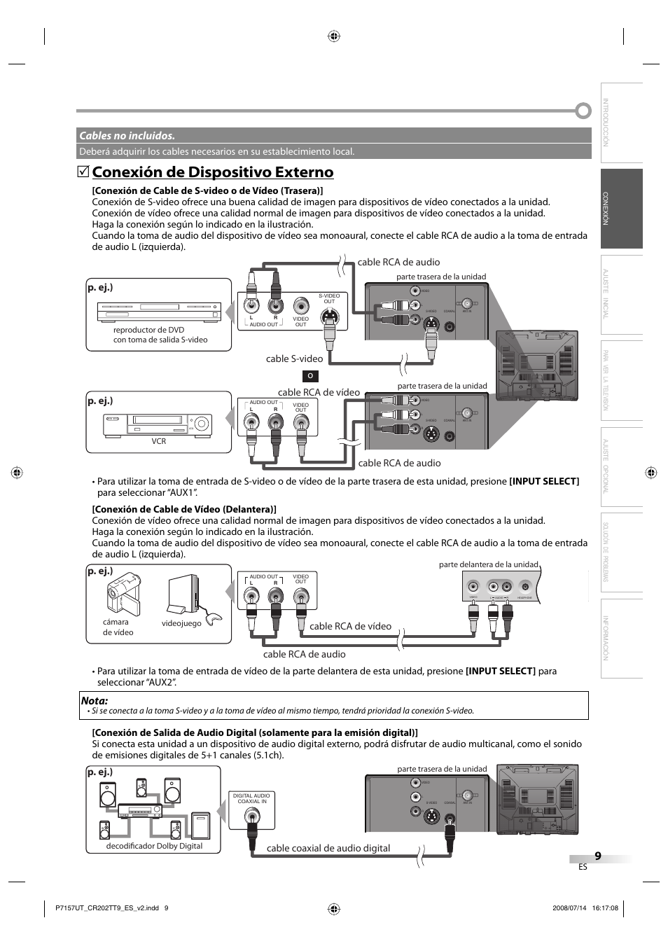 Conexión de dispositivo externo, Nota, Cables no incluidos | P. ej.), Solución de problemas información, Cable rca de audio, Cable coaxial de audio digital | FUNAI CR202TT9 User Manual | Page 35 / 80