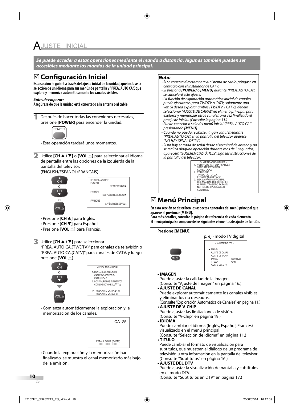 Juste inicial, Configuración inicial, Menú principal | FUNAI CR202TT9 User Manual | Page 36 / 80