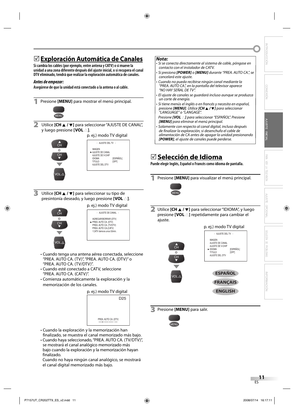 Exploración automática de canales, Selección de idioma | FUNAI CR202TT9 User Manual | Page 37 / 80