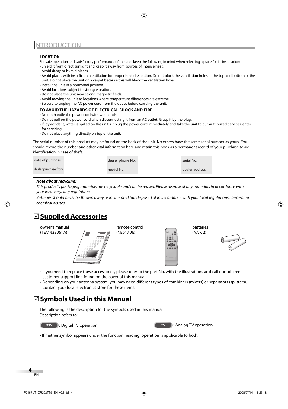 Ntroduction, Supplied accessories 5, Symbols used in this manual 5 | FUNAI CR202TT9 User Manual | Page 4 / 80