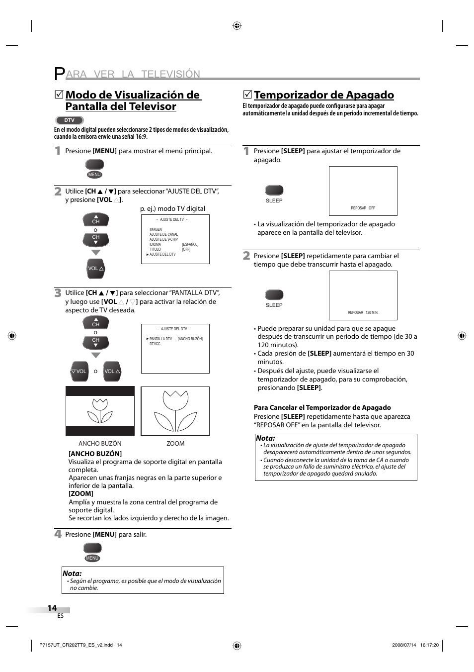 Ara ver la televisión, Modo de visualización de pantalla del televisor, 5temporizador de apagado | FUNAI CR202TT9 User Manual | Page 40 / 80