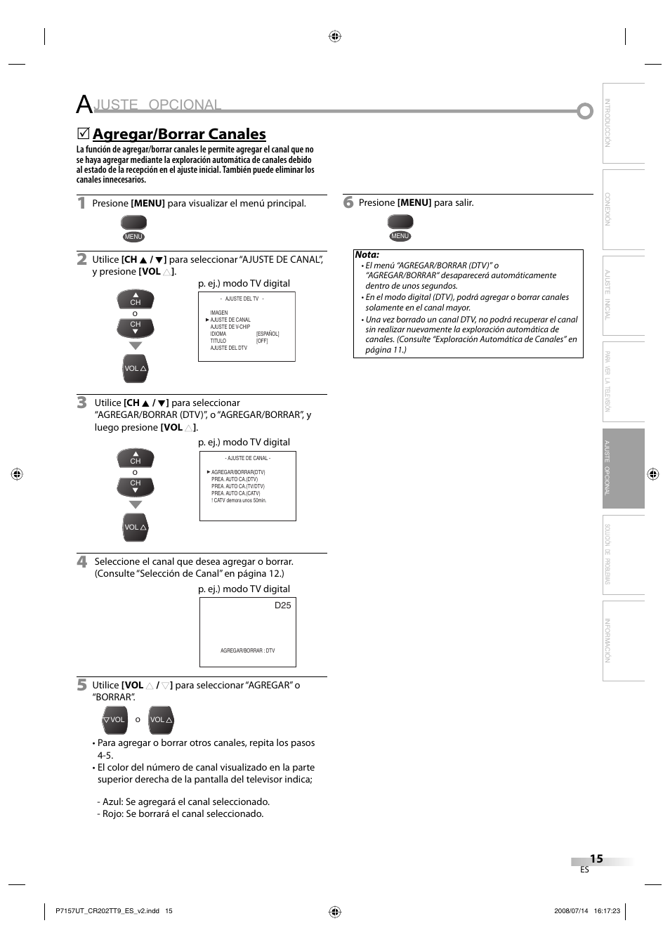 Juste opcional, Agregar/borrar canales | FUNAI CR202TT9 User Manual | Page 41 / 80