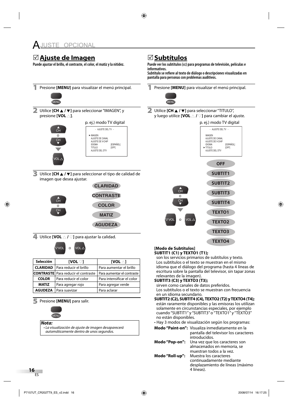 Juste opcional, Ajuste de imagen, 5subtítulos | FUNAI CR202TT9 User Manual | Page 42 / 80