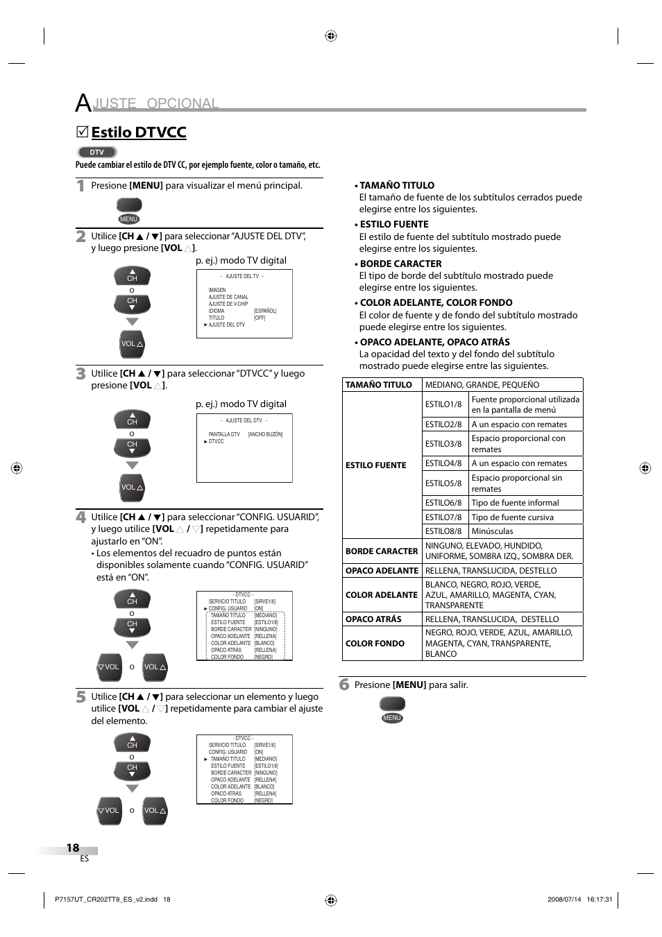 Juste opcional, Estilo dtvcc | FUNAI CR202TT9 User Manual | Page 44 / 80