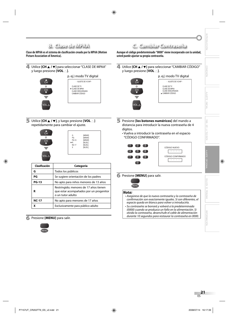 B. clase de mpaa, C. cambiar contraseña, Nota | FUNAI CR202TT9 User Manual | Page 47 / 80