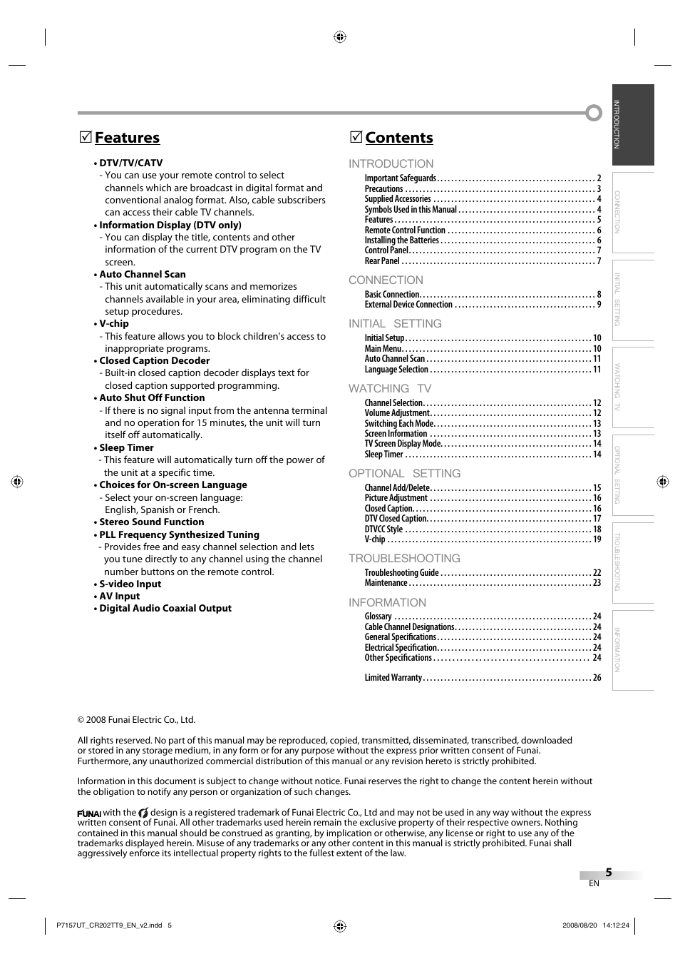 Introduction, Connection, Initial setting | Watching tv, Optional setting, Troubleshooting, Information, Contents 5, Features 5 | FUNAI CR202TT9 User Manual | Page 5 / 80