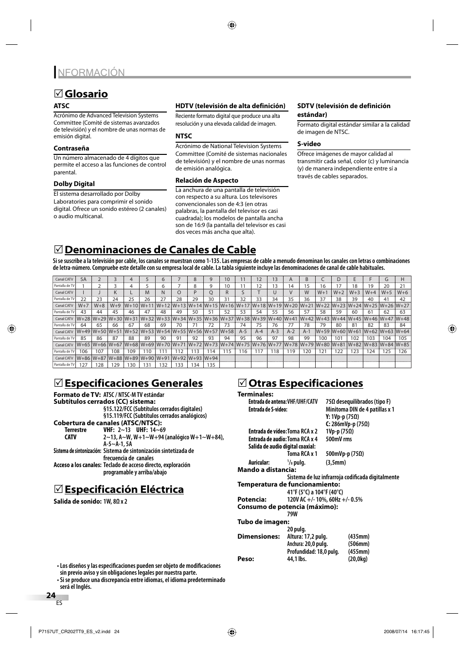 Nformación, Glosario 5, Especificación eléctrica | 5otras especificaciones | FUNAI CR202TT9 User Manual | Page 50 / 80