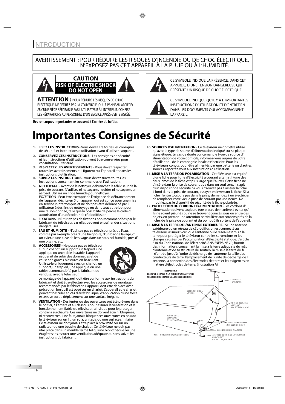 Importantes consignes de sécurité, Ntroduction, Attention | Caution risk of electric shock do not open | FUNAI CR202TT9 User Manual | Page 54 / 80