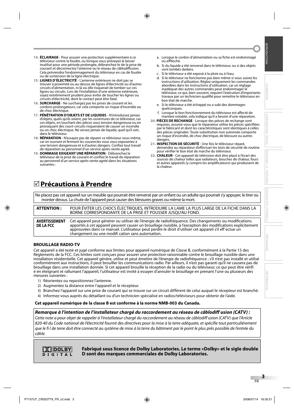 Précautions à prendre | FUNAI CR202TT9 User Manual | Page 55 / 80
