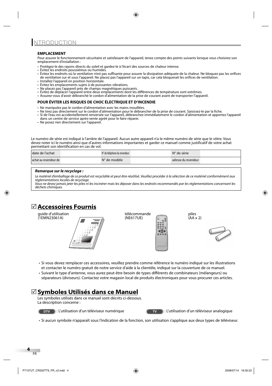 Ntroduction, Accessoires fournis, Symboles utilisés dans ce manuel | FUNAI CR202TT9 User Manual | Page 56 / 80