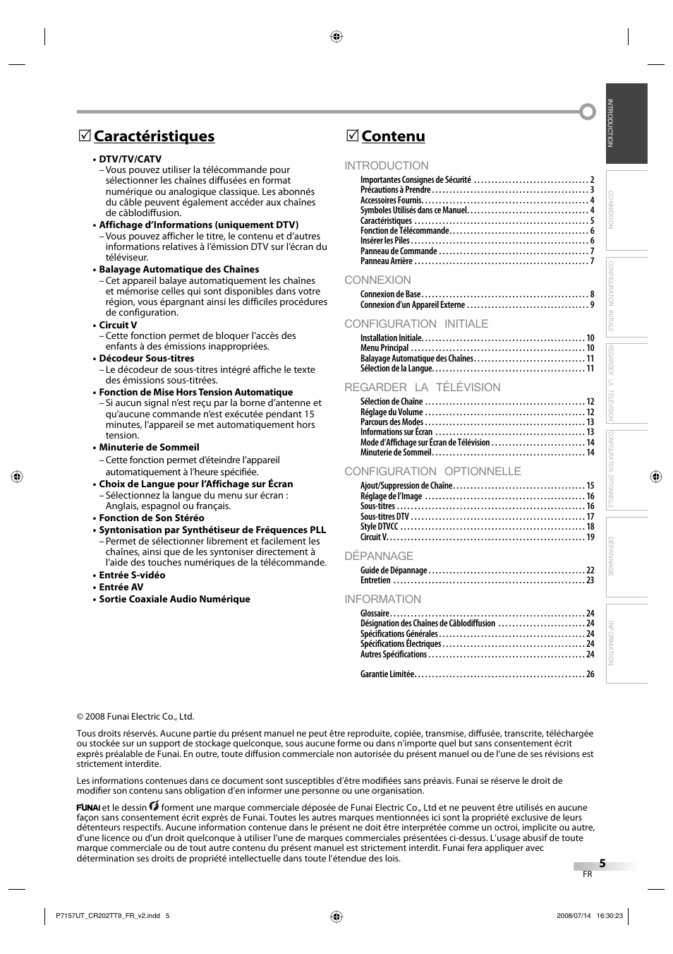 Introduction, Connexion, Configuration initiale | Regarder la télévision, Configuration optionnelle, Dépannage, Information, Contenu 5, Caractéristiques 5 | FUNAI CR202TT9 User Manual | Page 57 / 80