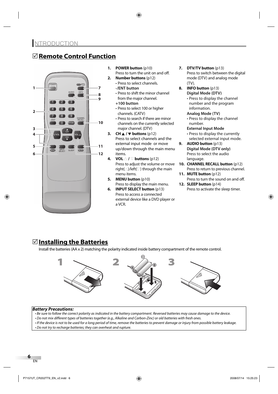 Ntroduction, Remote control function 5, Installing the batteries | FUNAI CR202TT9 User Manual | Page 6 / 80