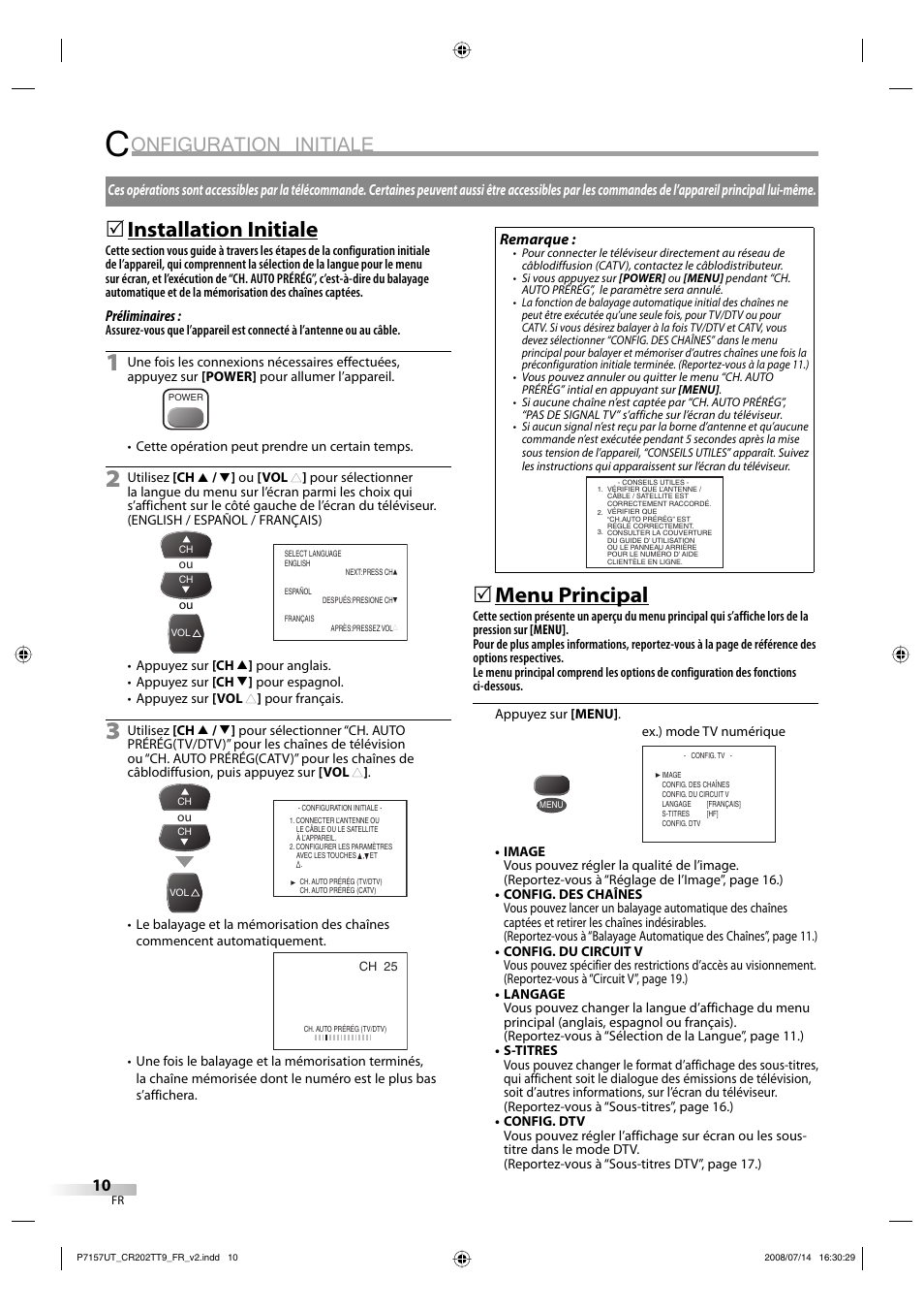 Onfiguration initiale, Installation initiale, Menu principal | FUNAI CR202TT9 User Manual | Page 62 / 80
