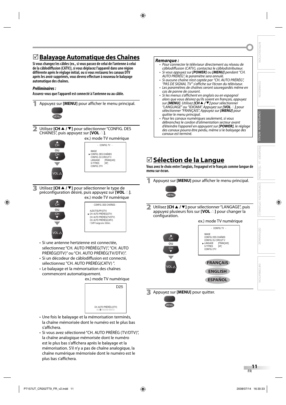 Balayage automatique des chaînes, Sélection de la langue | FUNAI CR202TT9 User Manual | Page 63 / 80