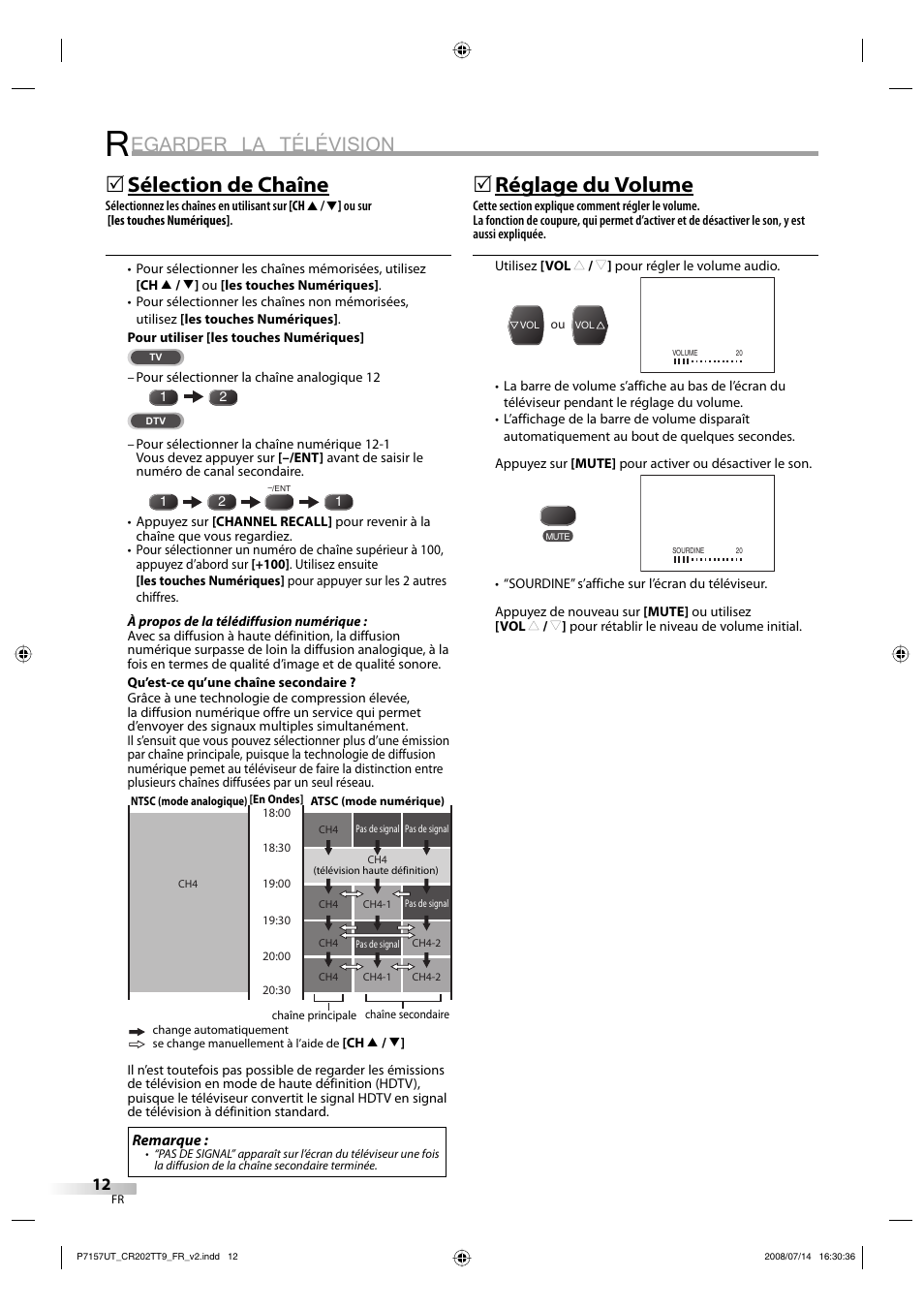 Egarder la télévision, Sélection de chaîne, Réglage du volume | FUNAI CR202TT9 User Manual | Page 64 / 80