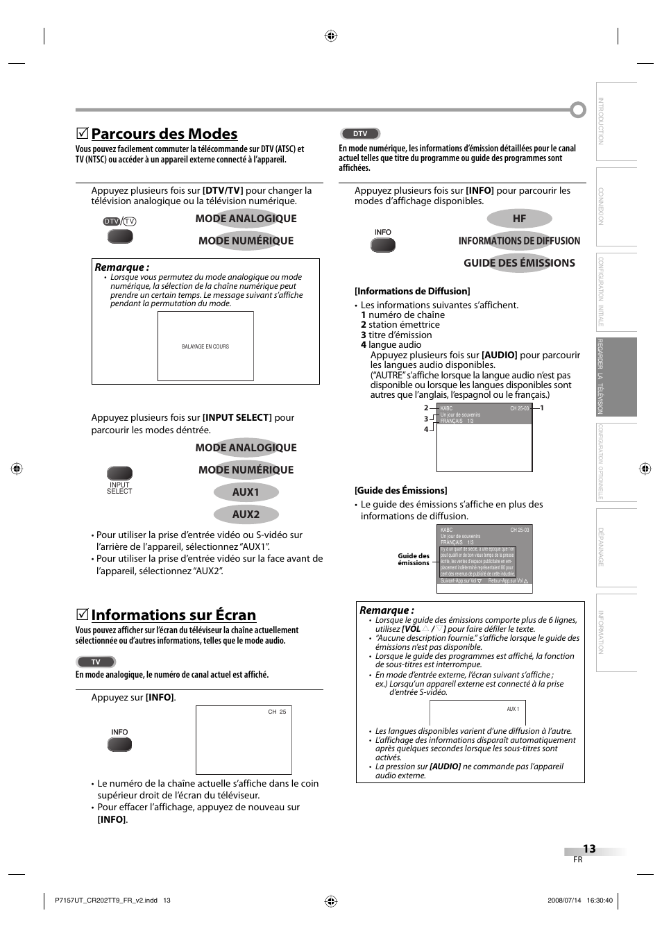 Parcours des modes, Informations sur écran | FUNAI CR202TT9 User Manual | Page 65 / 80