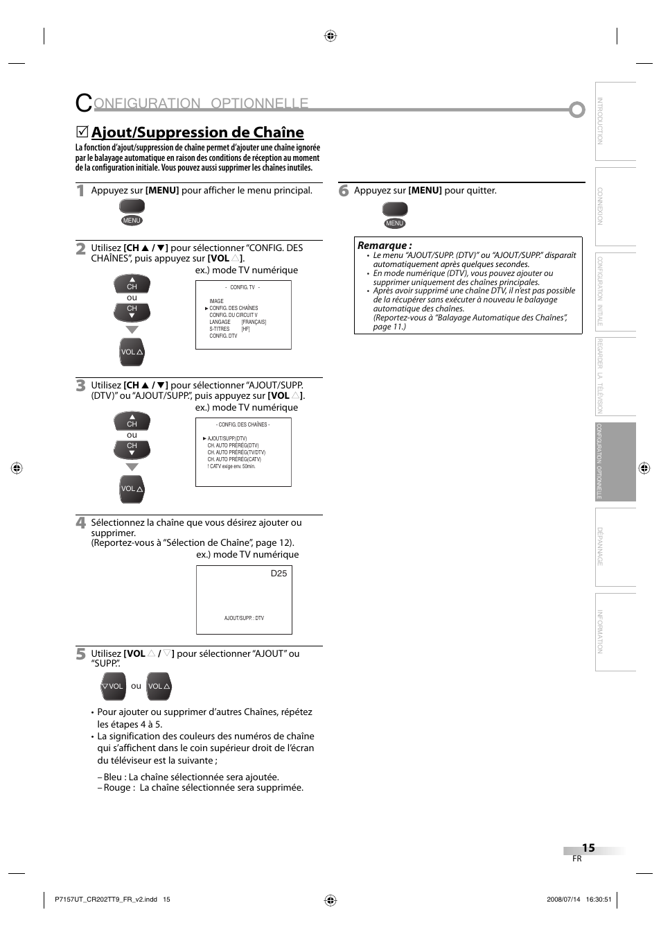 Onfiguration optionnelle, Ajout/suppression de chaîne | FUNAI CR202TT9 User Manual | Page 67 / 80