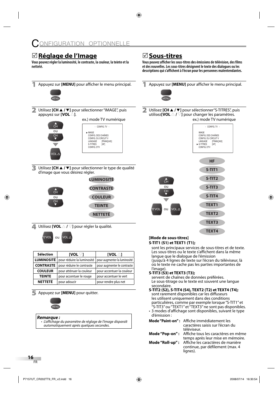Onfiguration optionnelle, Réglage de l’image, 5sous-titres | FUNAI CR202TT9 User Manual | Page 68 / 80
