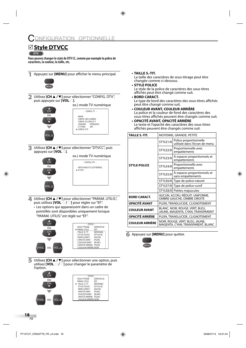 Onfiguration optionnelle, Style dtvcc | FUNAI CR202TT9 User Manual | Page 70 / 80
