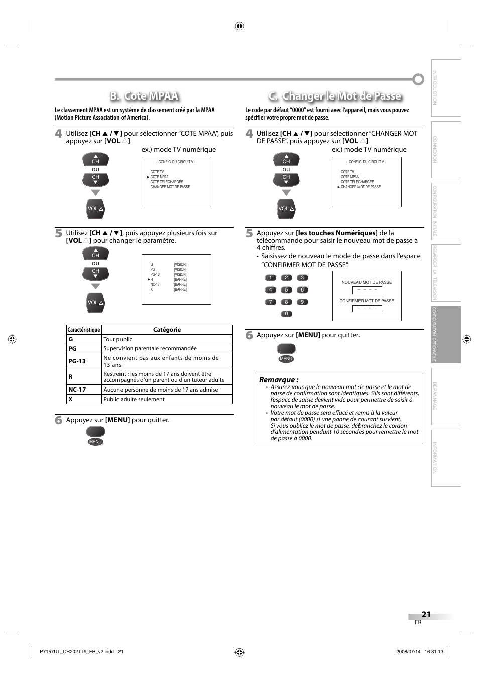 B. cote mpaa, C. changer le mot de passe, Remarque | FUNAI CR202TT9 User Manual | Page 73 / 80