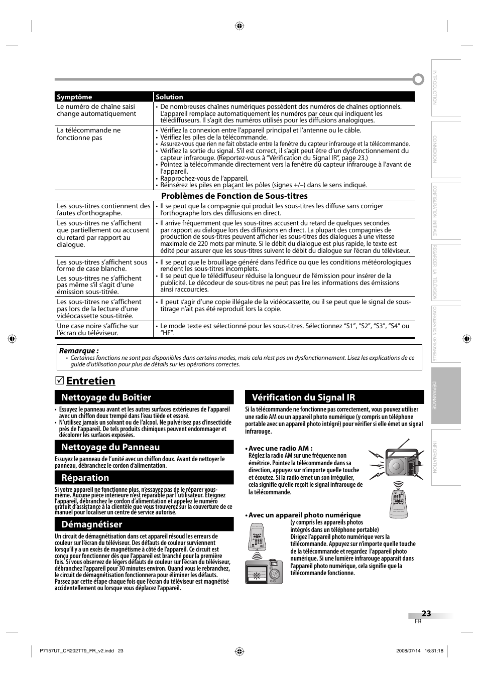 Entretien, Vérification du signal ir, Nettoyage du boîtier | Nettoyage du panneau, Réparation, Démagnétiser | FUNAI CR202TT9 User Manual | Page 75 / 80
