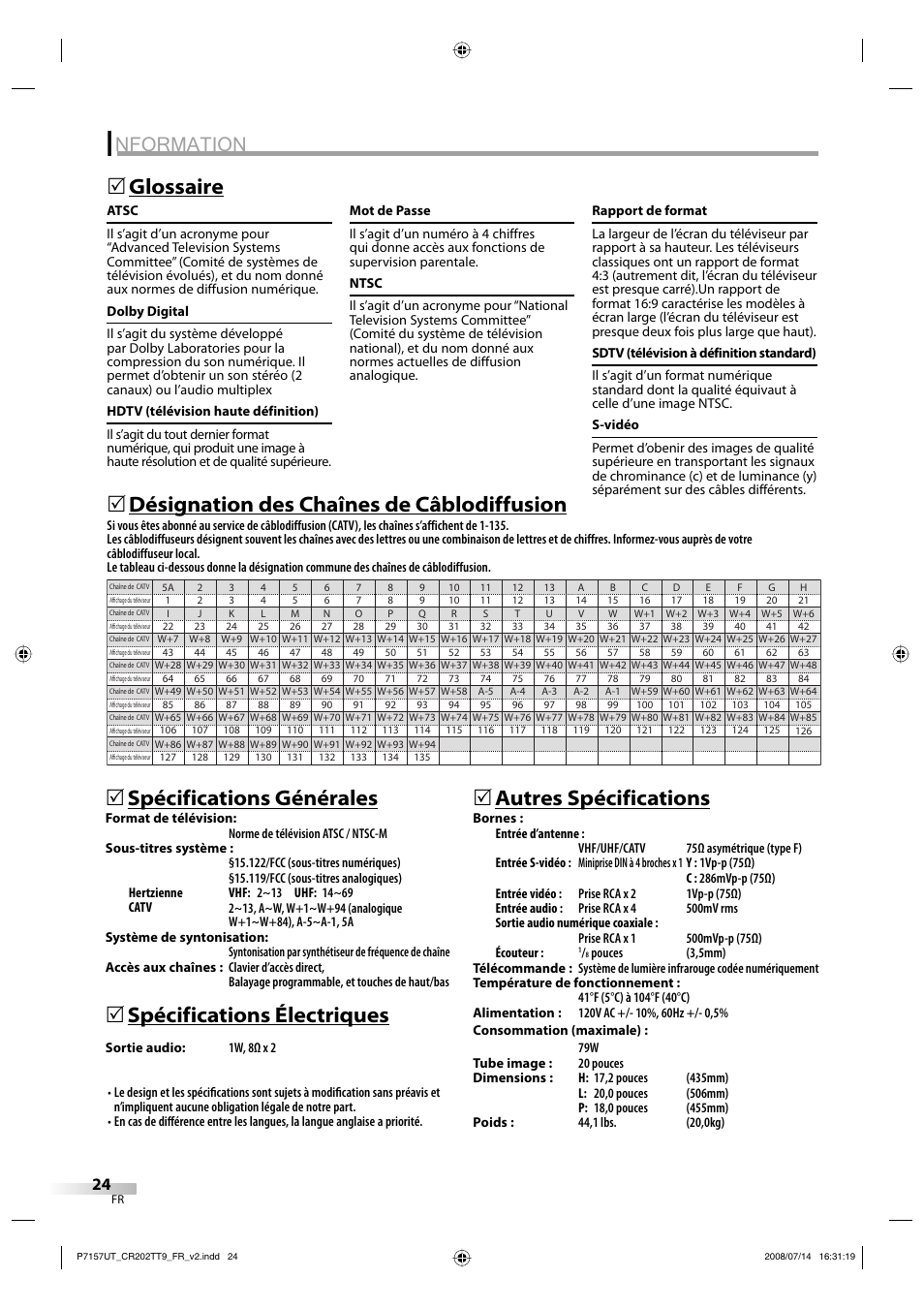 Nformation, 5spécifications générales 5, Spécifications électriques 5 | Autres spécifications 5 | FUNAI CR202TT9 User Manual | Page 76 / 80