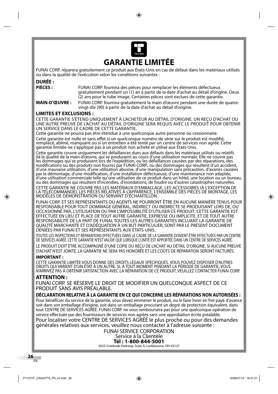 Garantie limitée | FUNAI CR202TT9 User Manual | Page 78 / 80