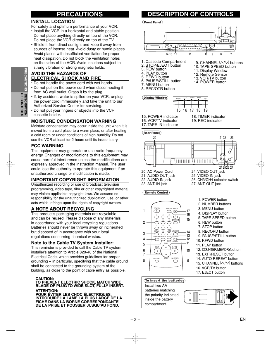 Precautions, Description of controls, Install location | Avoid the hazards of electrical shock and fire, Moisture condensation warning, Fcc warning, Important copyright information, 2 – en | FUNAI F220LC User Manual | Page 2 / 8