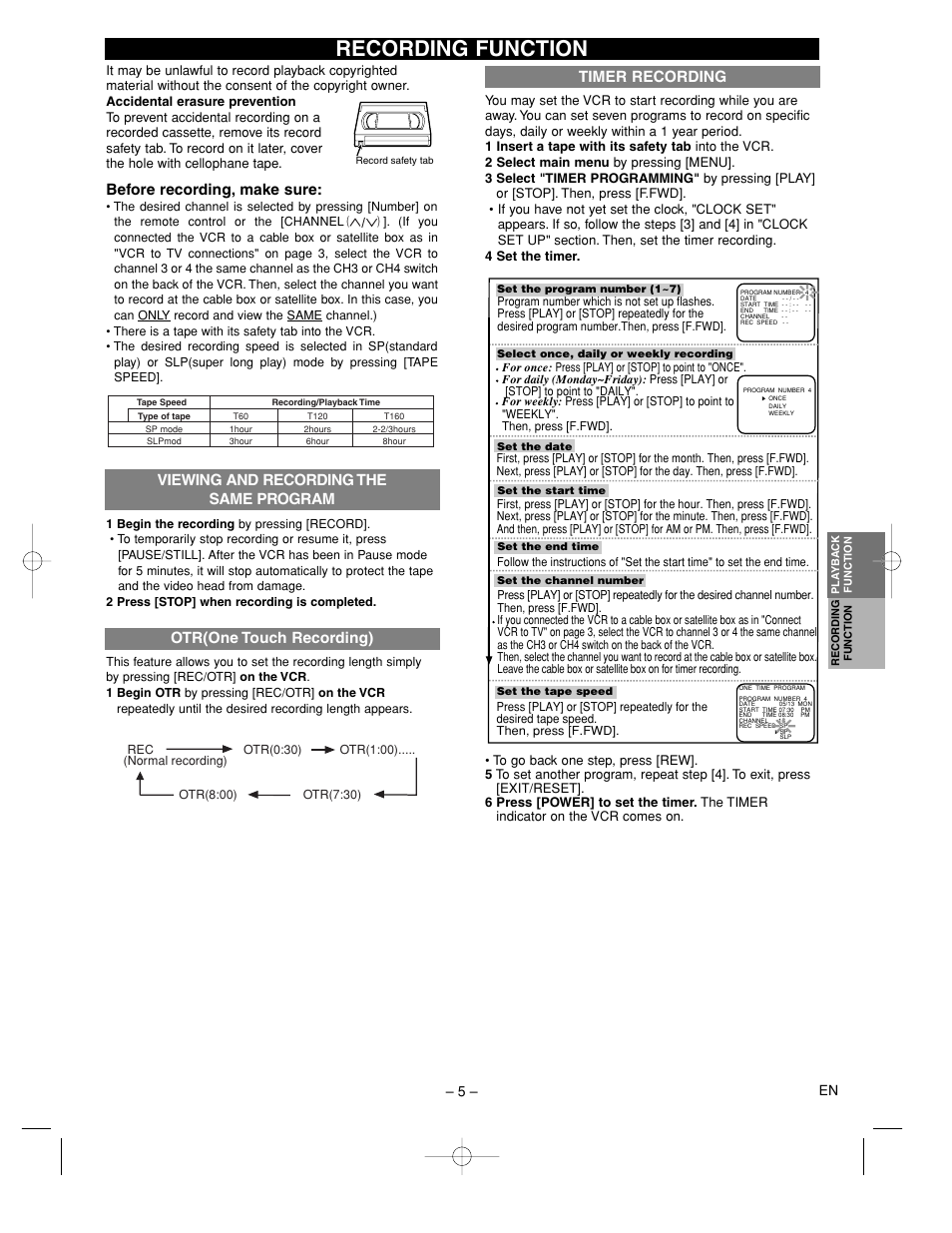 Recording function, Timer recording, Before recording, make sure | FUNAI F220LC User Manual | Page 5 / 8