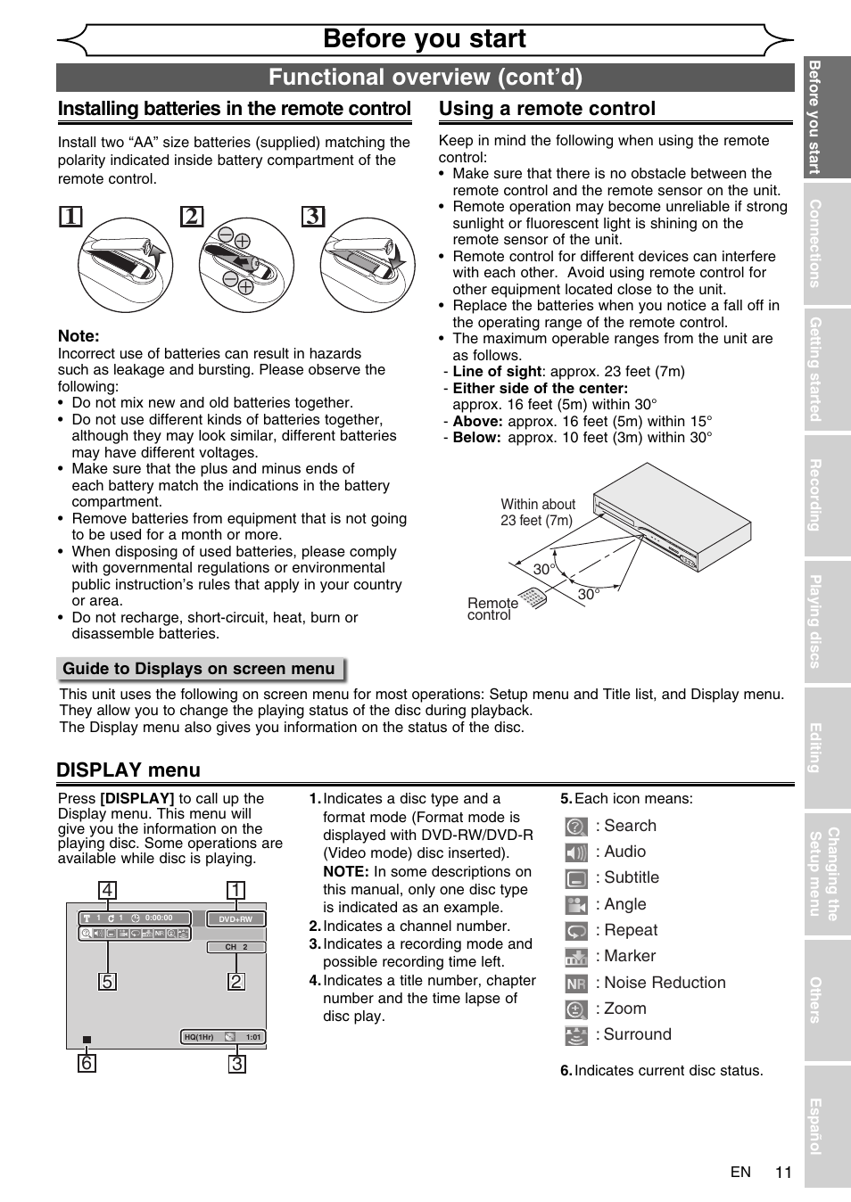 Before you start, Functional overview (cont’d), Using a remote control | Installing batteries in the remote control, Display menu | FUNAI SV2000 WV10D6 User Manual | Page 11 / 82
