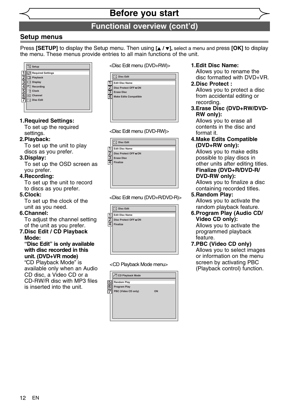 Before you start, Functional overview (cont’d), Setup menus | FUNAI SV2000 WV10D6 User Manual | Page 12 / 82