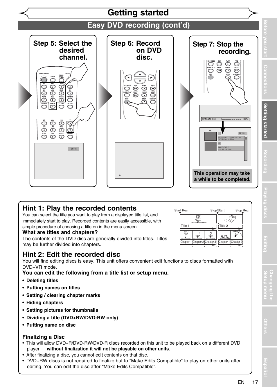 Getting started, Easy dvd recording (cont’d), Step 7: stop the recording | Hint 1: play the recorded contents, Hint 2: edit the recorded disc, What are titles and chapters, Finalizing a disc, This operation may take a while to be completed | FUNAI SV2000 WV10D6 User Manual | Page 17 / 82
