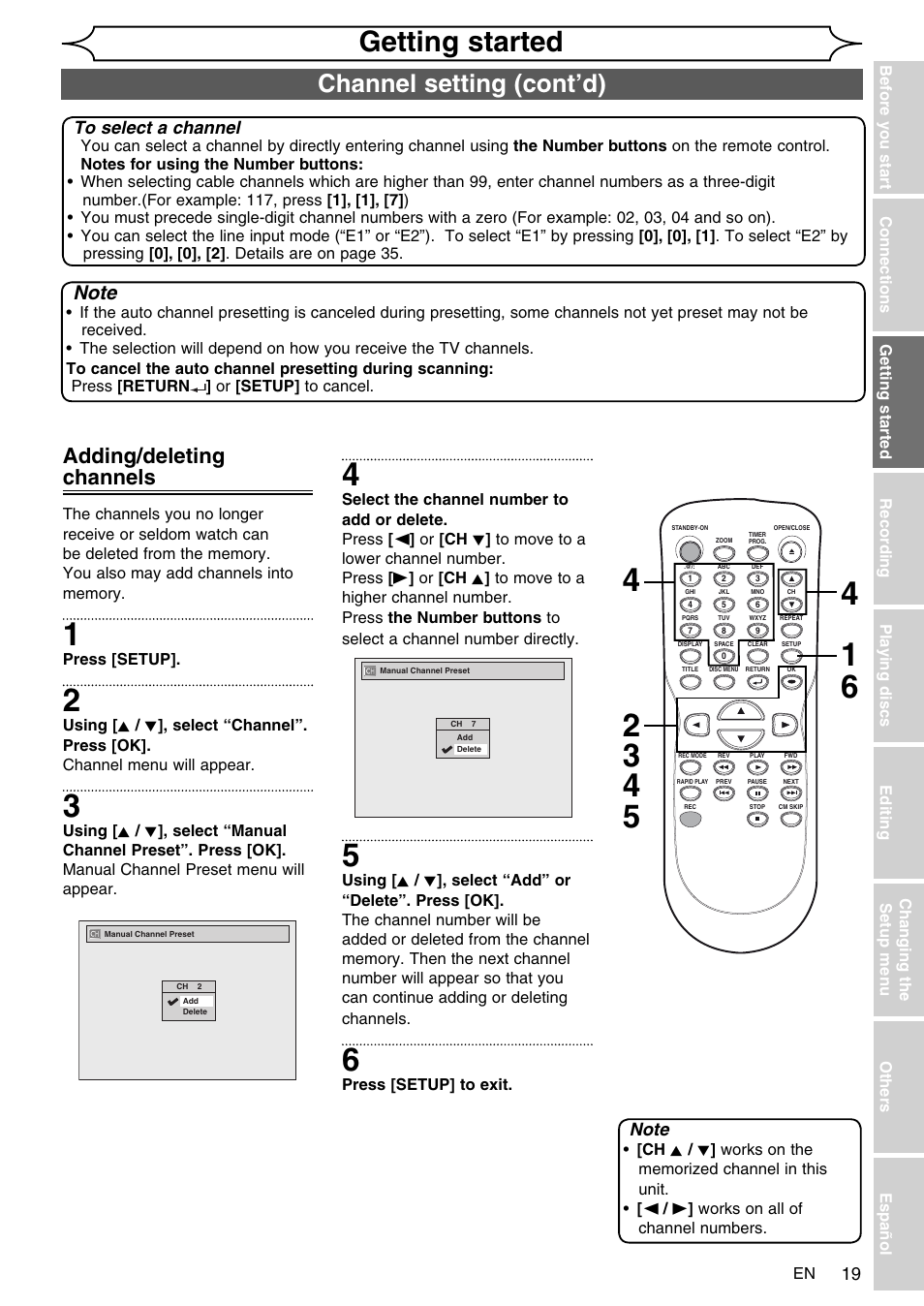 Getting started, Channel setting (cont’d), Adding/deleting channels | FUNAI SV2000 WV10D6 User Manual | Page 19 / 82